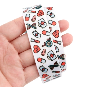 Detailed shot of cartoon medical icons printed on a white polyester lanyard strap