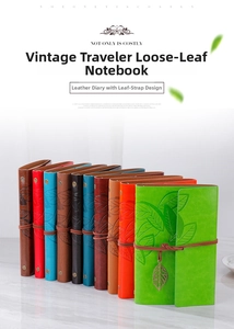 Detail showing various colors of vintage traveler notebooks with leaf charms and ties