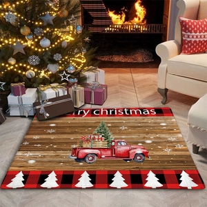 Detail of Christmas doormat with red truck design on vintage wood texture and plaid border