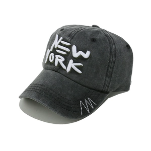 Vintage dark grey washed cotton baseball cap with New York 3D embroidery and side stripes