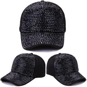 Three-angle views showing black baseball cap with sparkling rhinestone finish