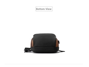 Detail view of the durable water-resistant backpack base with nylon and brown finishes