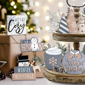 6-piece winter tiered tray decor set featuring gray wooden snowman and cozy holiday signs