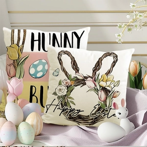 Easter rabbit and floral wreath linen pillow covers with Happy Easter print decor