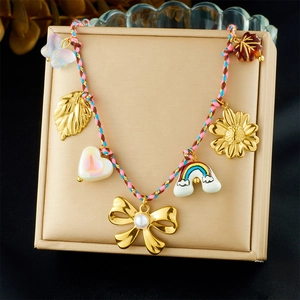 Stainless Steel Multi Pendant Necklace Braided Rope Chain Rainbow Cloud Butterfly Heart Bowknot Artificial Pearl Sweet Jewelry