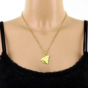 Polished gold Nicaragua map pendant necklace on stainless steel chain worn by model
