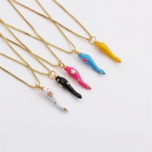 Enamel Chili Pendant Necklace Copper Gold Plated Italian Cornicello Style Star Pattern Box Chain For Women Jewelry