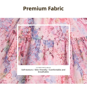 Close-up of pink chiffon floral fabric with butterfly prints and pleated texture