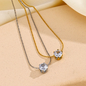 Golden and silver stainless steel necklaces with six-prong round zircon pendants
