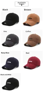Detailed grid view of corduroy baseball caps in seven colors with some embroidery