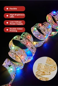 Detail of LED ribbon lights with stars and musical notes for Christmas tree decoration