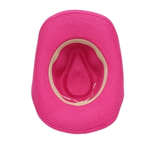 Detail of rose pink woven straw hat showing inner lining and adjustable white drawstring