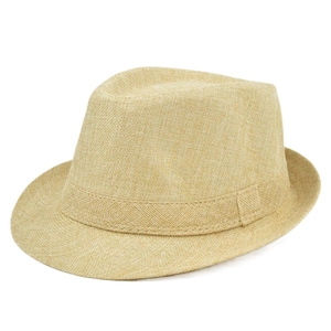 Close-up showing the breathable woven texture of the beige linen Panama fedora hat
