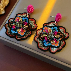 Handmade embroidered floral stud earrings with colorful beads and crystal in high-end style