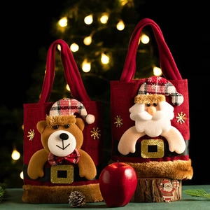 Rustic Christmas gift bags with 3D Santa and Bear plush figures on vintage fabric