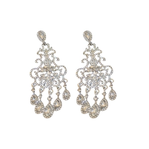 Baroque silver earrings with hollow flower patterns and dangling teardrop rhinestones