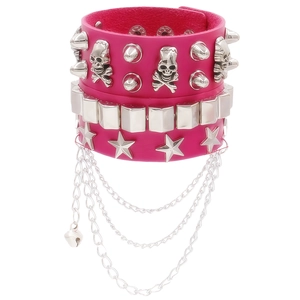 Detail of pink PU leather punk bracelet featuring silver skull studs and metal chains