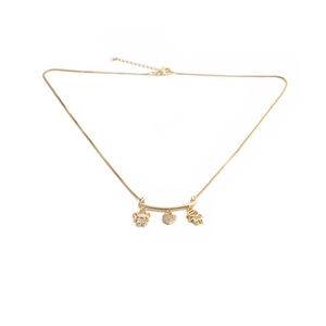 Gold couple necklace with zircon heart and boy girl charms on a curved bar pendant
