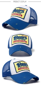 Three-view layout of vintage trucker hat with mesh back and embroidered patch