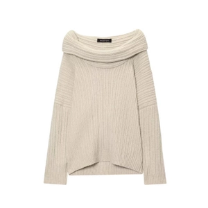 Chic off-shoulder beige knit sweater with vertical ribbed texture and a relaxed fit