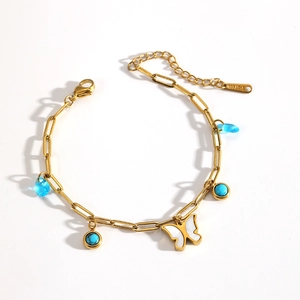 18k gold plated stainless steel butterfly bracelet with blue teardrop stones and pearls