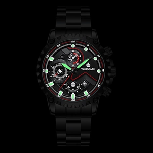WEIGUAN Men's Matte Black Sports Watch with Green Luminous Hands and Three Sub-dials