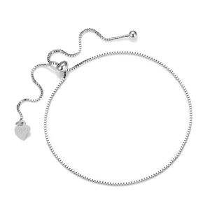 Adjustable S925 sterling silver box chain bracelet with heart pendant and slider clasp