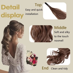 28-inch light brown highlighted ponytail extension with detailed top middle and end views