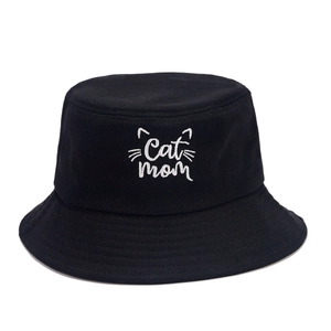 Women's black cotton bucket hat featuring white embroidered Cat Mom design and cat ears