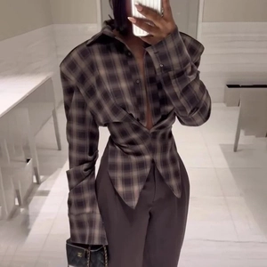 Women Plaid Shirt Deep V-Neck Cinched Waist Asymmetric Hem Long Sleeve Cropped Top Polyester Y2K Streetwear