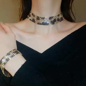 Exaggerated leopard print rhinestone choker and bracelet jewelry set for women