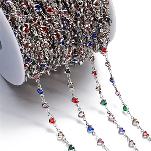 Close-up of colorful heart-shaped crystal chain for DIY jewelry making and clothing