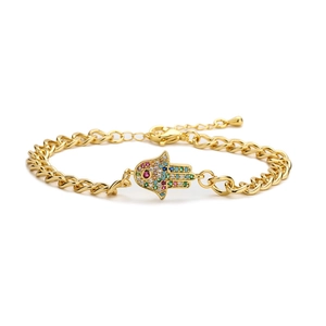 Bracelet Hamsa en or tissé avec pierres de zircon colorées et chaîne gourmette réglable