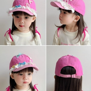 Pink kids baseball cap with lace pearls and colorful bows shown from four angles