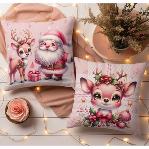 Pink Christmas pillow covers set with cute Santa and reindeer patterns for home decor