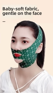 Detailed view of the green V-line lifting strap with soft fabric texture on female model