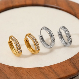 Classic vintage stainless steel hoop earrings in gold and silver with micro-pave crystals