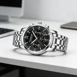 Detailed macro shot of a men's stainless steel watch with black chronograph dial