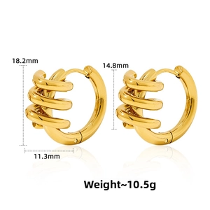 Detail view of triple-layered golden spiral hoop earrings with size and weight specs