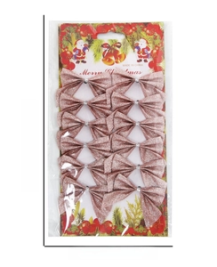 Detailed view of 12 rose gold glitter bows for Christmas tree decoration in packaging