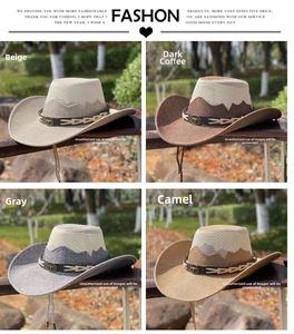 Four colors of breathable western straw cowboy hats with bull head metal logo detail