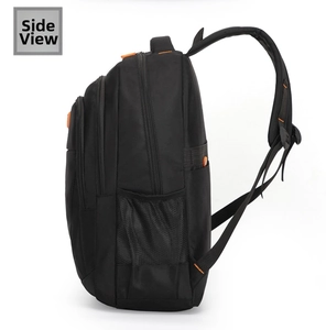 Side view of black travel backpack with orange zipper accents and mesh side pocket