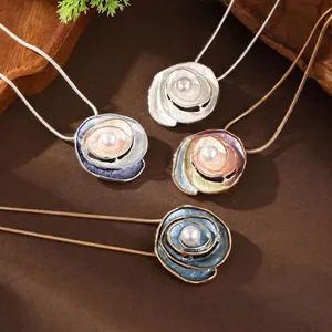 Enamel Rose Flower Pendant Necklace With Faux Artificial Pearl Zinc Alloy Metal Hollow Spiral Design Elegant Jewelry For Women