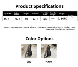 Size chart showing PU leather cat shaped crossbody bag dimensions and available colors