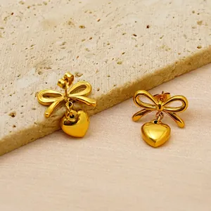 18k gold plated bow and heart drop earrings in polished stainless steel for women