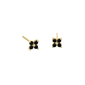 Minimalist four-petal flower earrings with black zircons set in a gold finish
