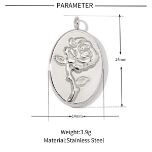 Detailed specs of stainless steel rose relief pendant measuring 24mm by 14mm