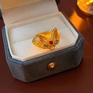 Luxury 24k gold-plated fox open ring with red and green gemstone accents for women