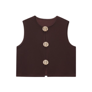 Women's dark brown vest top with three gold shell buttons on a clean white background