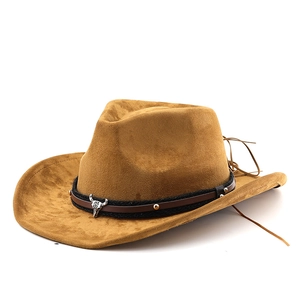 Brown faux suede western cowboy hat with a metal bull head ornament and side rivets